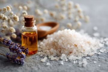 Close-Up of Natural Wellness Product with Essential Oil and Sea Salt on Grey Background