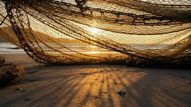Sunset over a serene beach with fishing nets casting shadows on the sand, creating a tranquil coastal scene