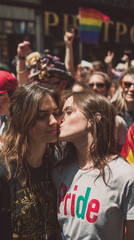 Fototapeta premium Two gay women attending pride celebration, having fun, kissing