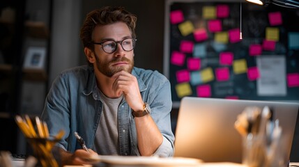 Creative Entrepreneur Engaged in Brainstorming Session for Innovative Side Hustle Ideas at Night