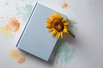Light blue book with sunflower on a painted background.