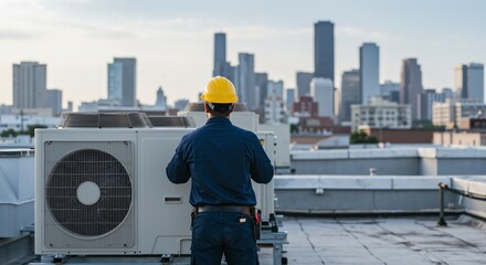 Rear view of a male HVAC technician in a yellow hard hat and blue uniform servicing an air conditioning unit on a city rooftop with a blurred urban skyline in the background.