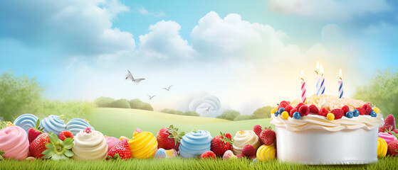 Modern white background with birthday cake for greeting cards and festive wallpaper designs