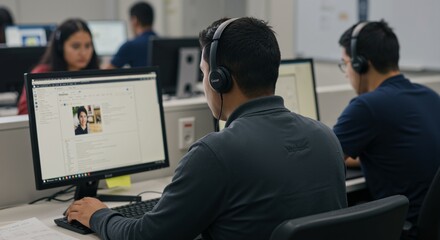 Rear view of a young adult man wearing headphones, focused on a desktop computer screen displaying a profile, in a shared office or learning environment with others.