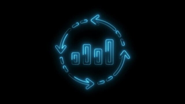 Neon style rotating bar graph animation on black background representing data analysis and market trends