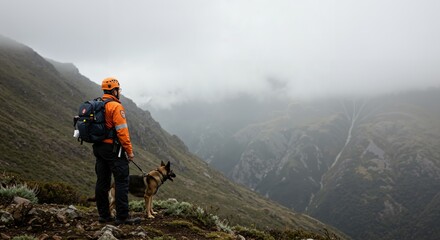 A male search and rescue worker in an orange jacket and helmet stands with his loyal canine partner, surveying a vast, foggy mountain landscape during a challenging mission.