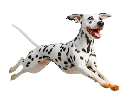A Dalmatian displays pure joy while leaping into the air with all four paws off the ground