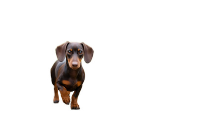 A glossy long-haired Dachshund with a rich chocolate coat walks along a garden path. Tall blooms create a lively backdrop, capturing the dog's curious and alert personality on a sunny day