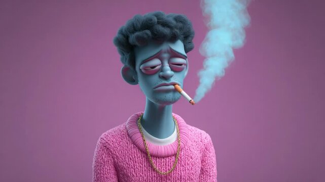 A animated portrait of a man with a bad habit of smoking.