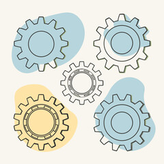 Collection of gear illustrations with abstract shapes in soft colors