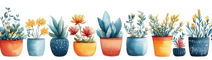A row of colorful potted plants and flowers illustrated in watercolor style on a white background.
