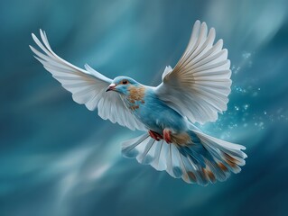 icy blue phoenix, upward flight, sparkling light trail, glowing particle dust, soft bokeh, fairy dust, vivid icy blue tones, white edges