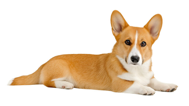 Corgi lies on its belly in a charming sploot pose, with short legs extended and alert expression, captivating the viewer with bright eyes and a fluffy coat