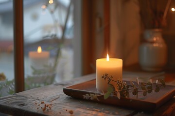 a lit candle with dried eucalyptus on a wooden tray, cozy atmosphere, warm tones, shot in natural window light, aesthetic composition,