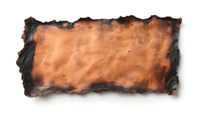 Piece of brown paper with dark burnt borders isolated on white, top view. Space for text