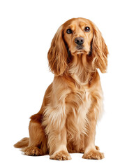 A Cocker Spaniel with a glossy golden coat sits gracefully, displaying its long feathering and expressive dark eyes in soft studio lighting against a clean white backdrop