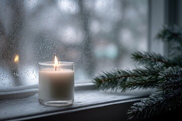a white candle burning on a windowsill, foggy glass with snow buildup outside, pine branches nearby, winter solitude mood, negative space at bottom right,