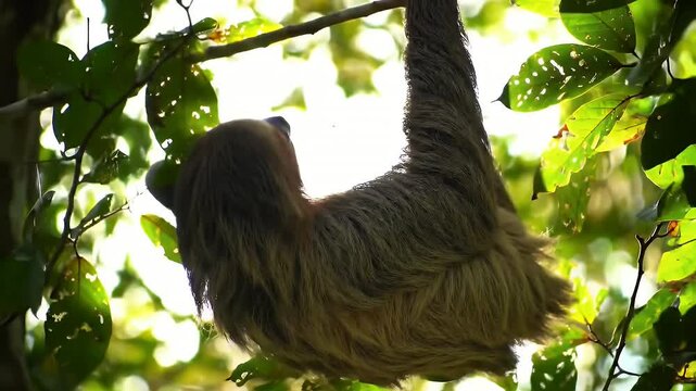Brown Furry Sloth Hanging Upside Down From Tree Branch in Green Leaves Forest