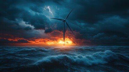 A solitary wind turbine stands in turbulent ocean waters under a dramatic sky with lightning and a fiery sunset.