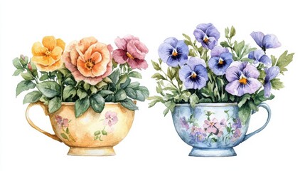 Obraz premium Two teacups filled with colorful flowers, beautifully arranged in a watercolor style on a white background.