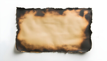 Obraz premium Piece of brown paper with dark burnt borders isolated on white, top view. Space for text
