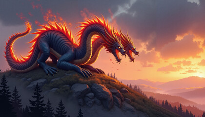Two-headed dragon Zmey Gorynych perched on a rocky hill at sunset - Concept of Slavic mythology  