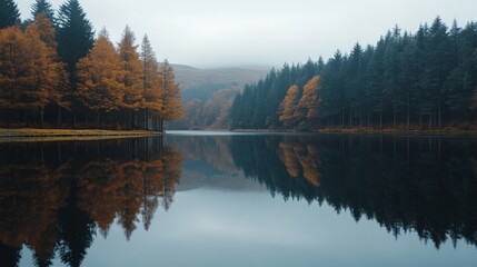 Obraz premium A serene lake surrounded by autumn foliage. The tranquility of nature is beautifully captured. Reflections enhance the peaceful atmosphere of this scene. Generative AI