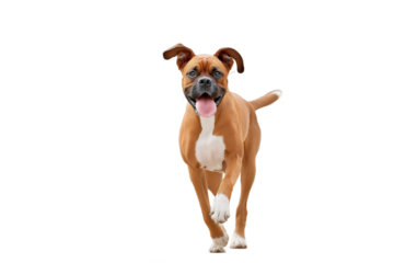 Boxer dog with a fawn coat and black mask catches a frisbee mid-air in an urban park. Its joyful expression reflects excitement and energy, showcasing athleticism and focus