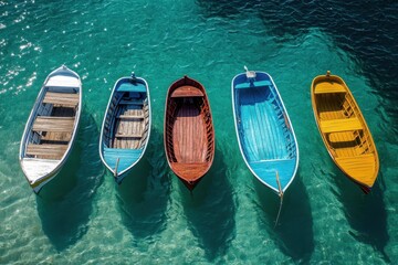 Obraz premium Five colorful rowboats float on turquoise water near the coast. Use it for summer travel brochures, calm sea illustrations, and backgrounds.