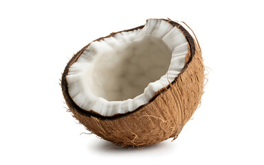 Freshly cut coconut showing white flesh and brown husk isolated on white background