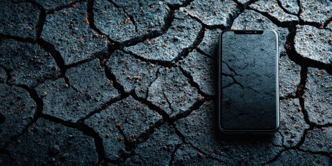 Smartphone's desolate plight: A solitary smartphone lies abandoned amidst cracked, parched earth, the scene conveying a sense of technological loss and environmental concern.