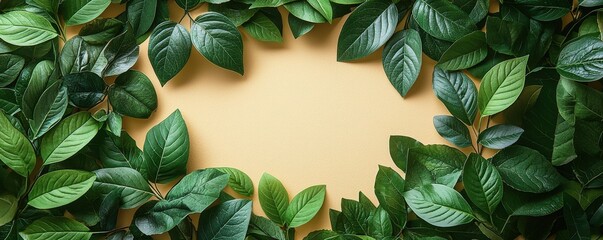Fototapeta premium Circular blank space surrounded by vibrant green leaves on light background
