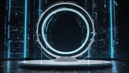 Floating futuristic podium with glowing rings, tech product presentation