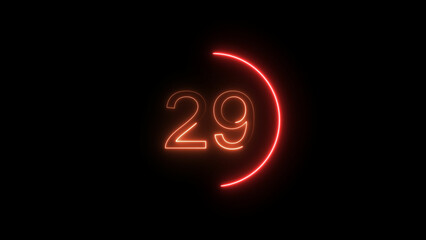 A dynamic circle glowing neon number 29 illustration. on a black background. and creating a stunning video.4k illustration.
