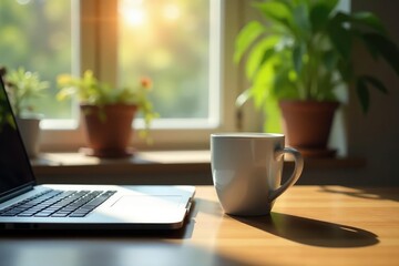 Empty coffee mug, laptop, plants, window view, simple, nature view, light
