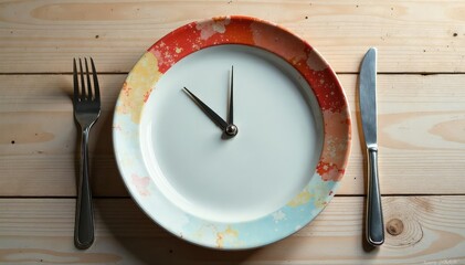 Empty plate with clock, signifying hunger and time restriction, detox, cleanse, plateware