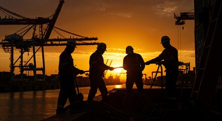 Naklejka premium Silhouette of four male dockworkers in hard hats collaboratively pulling a heavy mooring rope on a ship deck at sunset in a busy industrial port with cranes.