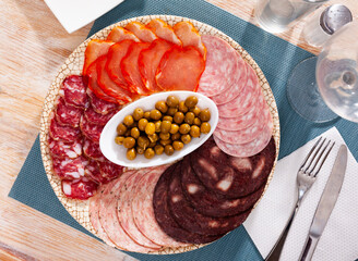 Cold meat plate with traditional Spanish sausages, cured pork loin lomo and olives