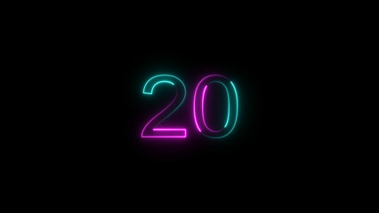 A dynamic glowing neon number 20 illustration. on a black background. and creating a stunning video.4k illustration.
