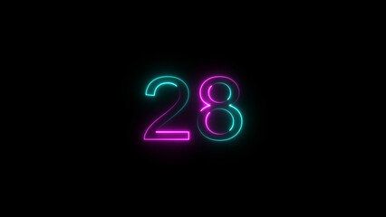 A dynamic glowing neon number 28 illustration. on a black background. and creating a stunning video.4k illustration.
