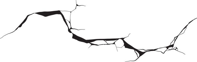 Long horizontal cracked wall. Damage surface crack and fissure in ground, concrete, crevices from disaster silhouette breaks on land surface from earthquake isolated on white background. Broken ground