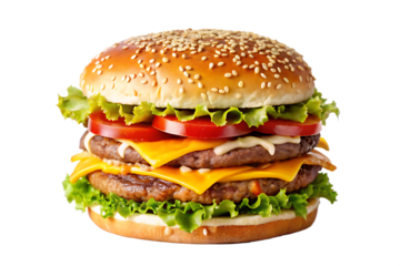 A close up shot of a double cheeseburger with sesame bun and fresh vegetables on a black background