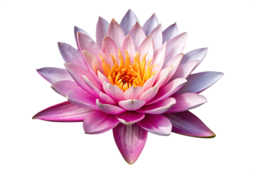 A close up shot of a pink lotus flower with yellow center on a black background in full bloom view