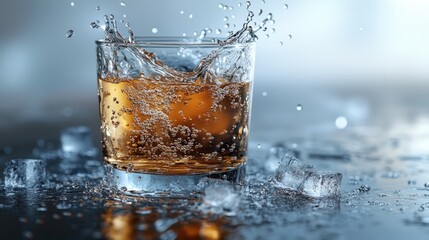 Whiskey or brown liquor in a glass with ice splash