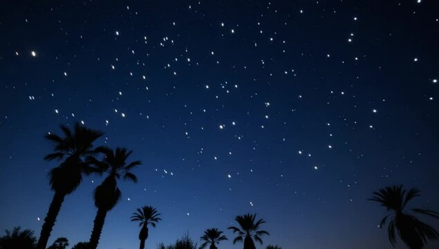 Palm trees silhouetted against a starry desert sky at night