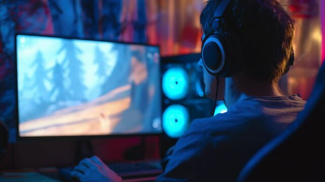 Gamer wears headphones playing video game on computer for entertainment and esports