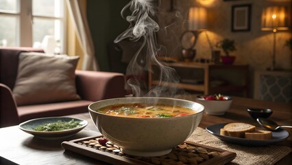 Hot bowl of soup with steam rising in a cozy living room setting – comfort food and relaxing home atmosphere.