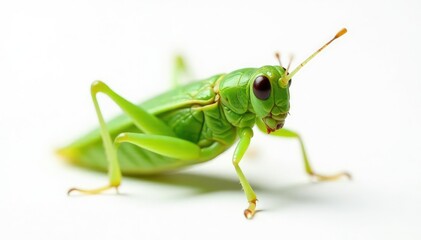 Green leafhopper isolated against pure white backdrop, wildlife, background
