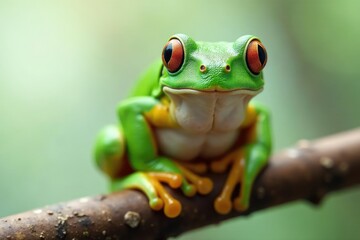 Green tree frog perched on white, vibrant skin, amphibian photography, closeup photography, green