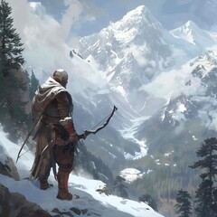 A solitary figure stands poised on a rocky outcropping, gazing towards the distant mountains, armed with a bow and clad in a hooded cloak, amidst a serene winter wonderland.